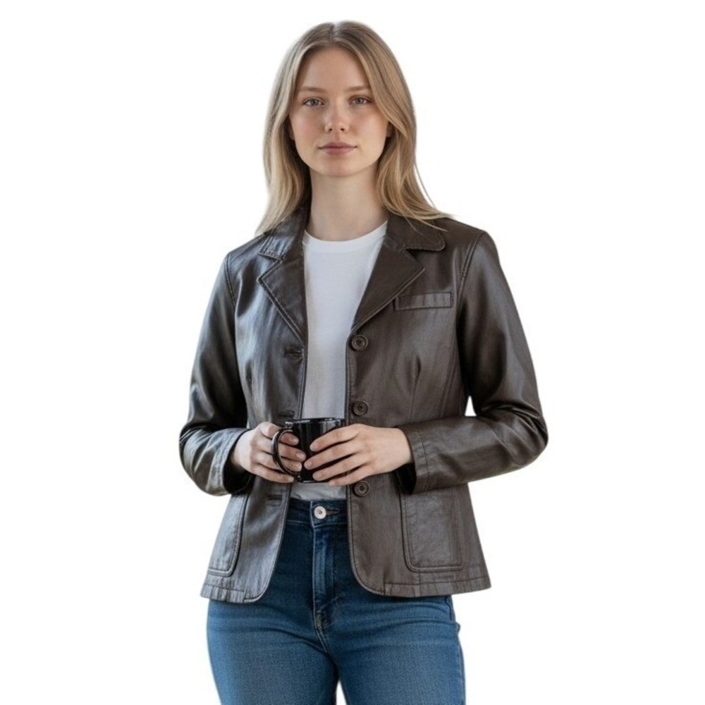 Chadwicks Womens Dark Brown Leather Blazer Jacket 3-Button